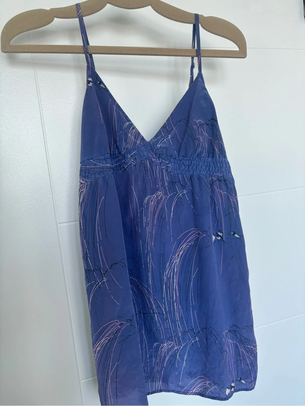 Silk Spaghetti Strap Slip Dress/Top with Abstract Bird Print XS
